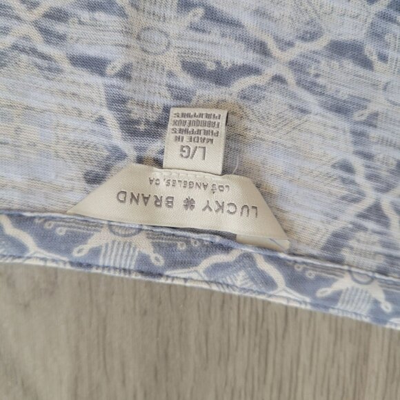Lucky Brand Womens Blue & White Long Sleeve Boho Print V-Neck Top L - Picture 4 of 8